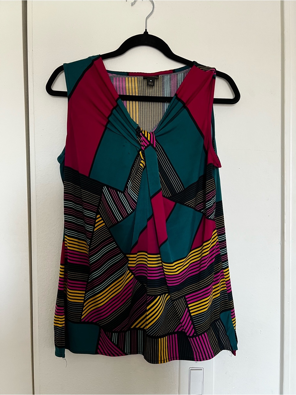 Worthington Sleeveless Twist-Front Geometric Camisole in Teal, Magenta & Yellow